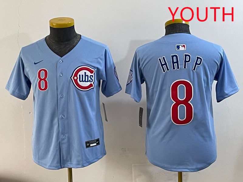 Youth Chicago Cubs #8 Happ Light Blue Throwback 2025 Nike MLB Jersey style 1->youth mlb jersey->Youth Jersey